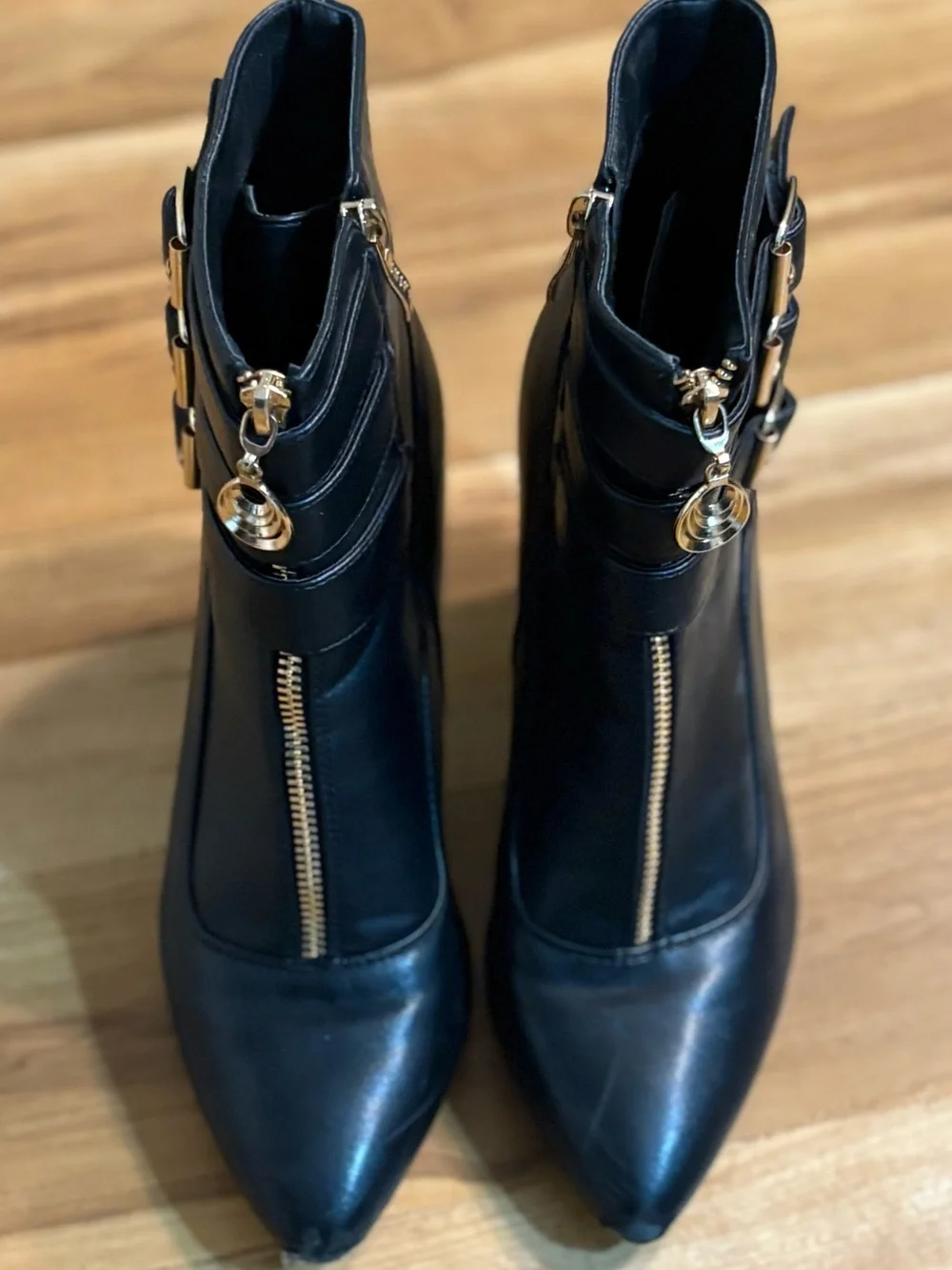 Black Buckle Strap Ankle Booties with Gold Hardware, Size 9